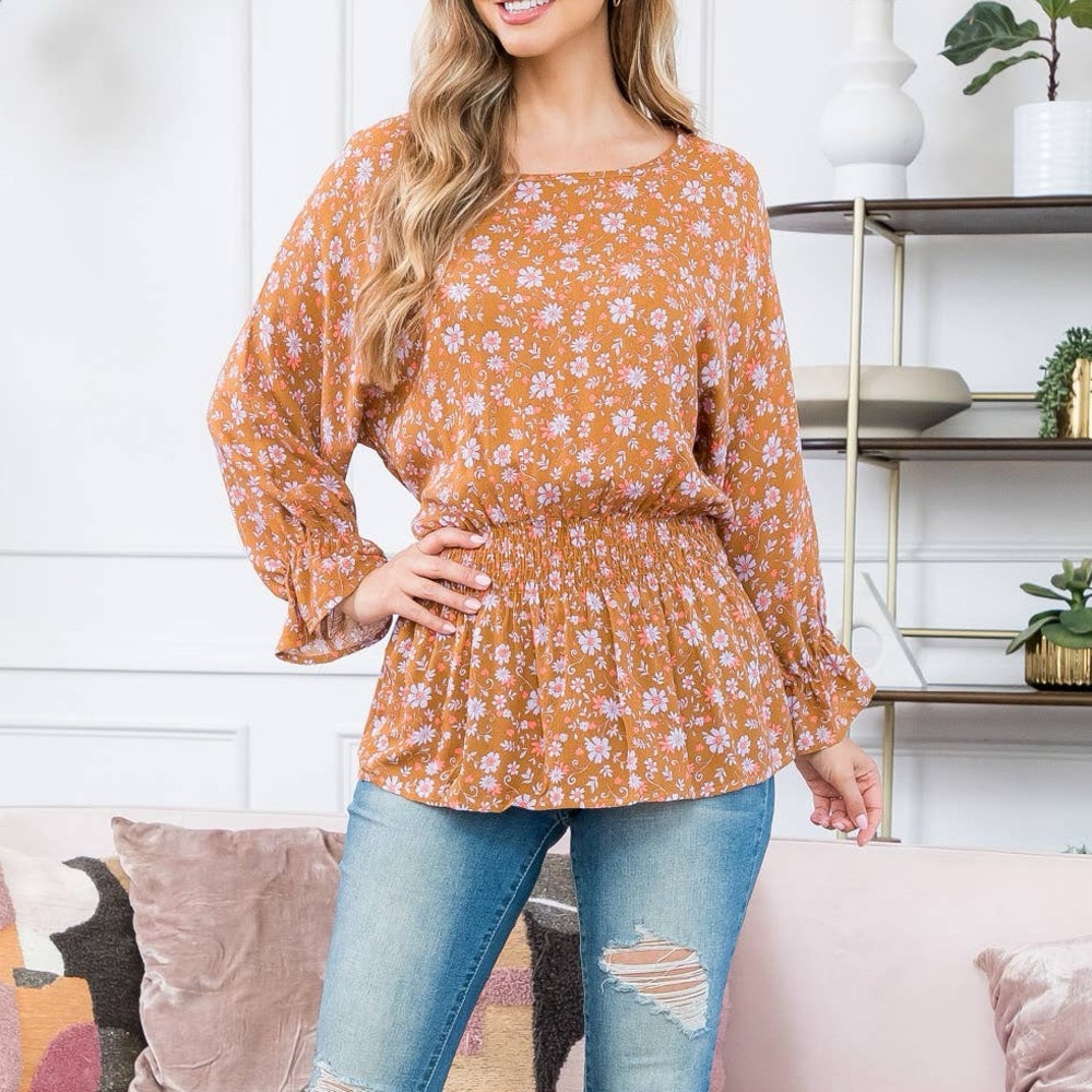Floral Round Neck Smocked Waist Top